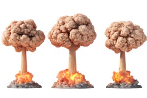 Three distinct mushroom clouds rising from powerful explosions against a black background showcasing smoke and fire in an awe-inspiring display of energy and destruction png