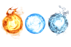 Three elemental orbs representing the forces of fire, water, and ice with vibrant swirling colors png