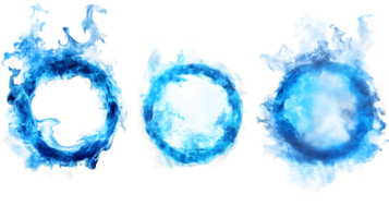 Three circular blue designs with textured patterns resembling elemental water and ice motifs showcasing fluidity and dynamic movement in an artistic composition. png