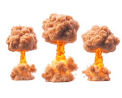 Three distinctive mushroom clouds rising dramatically with fiery plumes of smoke in a powerful explosion scene png