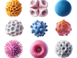 Intricately designed collection of colorful microscopic structures highlighting the beauty and diversity of microscopic life forms in a vibrant grid pattern png