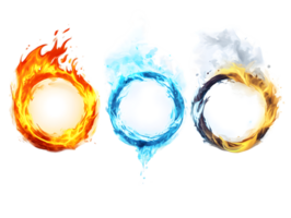 Vibrant elemental symbols of fire water and air designed with dynamic colors and shapes representing the essence of nature and energy in a captivating artistic composition png