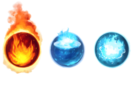 Vibrant illustration of three elemental orbs showcasing the powers of fire, water, and ice in a dynamic and colorful representation of nature's elements. png