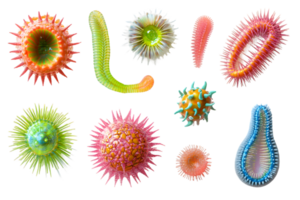 Vibrant collection of colorful microorganisms illustrating diverse shapes and textures in a scientific display png