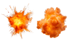 Vibrant explosion radiating fiery orange and yellow flames with particles scattering in dynamic burst effect png