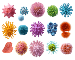 Vibrant collection of artistic representations of viruses and microorganisms in diverse shapes and colors png