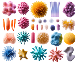 Vibrant collection of colorful microorganisms showcasing intricate textures and shapes in an artistic arrangement png