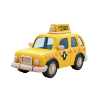 A cartoon style yellow taxi cab with a rooftop sign in a simple transparent background setting, 3D cartoon style taxi car transparent background png