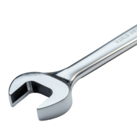 A close up view of a single silver wrench resting on a transparent background showcasing its shiny finish and design details, A single silver wrench on its side, transparent background. png
