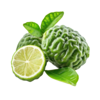 Bergamot fruit and sliced half with green leaves on a transparent background, Bergamot or Thai lime isolated in transparent background png