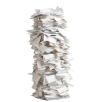 A towering stack of unread papers waiting to be reviewed and organized in a well lit workspace, A Tower Unread Papers Ready to Be Discovered, transparent background. png