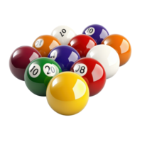 A vibrant arrangement of billiard balls in various colors on a transparent background showcasing numbers and hues, Billiard Balls, transparent background. png