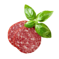 Fresco albahaca hojas mejorar el visual apelación de rebanado salami en contra un limpiar transparente fondo, rojo rebanado cebolla aislado en transparente antecedentes png