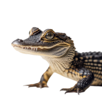 A close up of a small alligator resting on a clean surface under soft lighting, a close up a small alligator on a surface. transparent background png