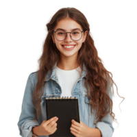 Cheerful student with glasses holds a notebook and smiles brightly in a well lit indoor setting, Beautiful smile girl student with a notebook, transparent background. png