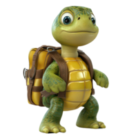 A cheerful cartoon turtle wearing a backpack stands ready for adventure on a transparent background, showcasing playful charm, 3D Cartoon Turtle with Backpack on transparent background png