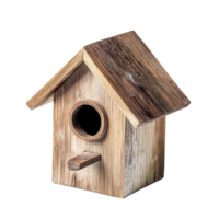 A rustic wooden birdhouse against a plain transparent background perfect for brightening up your garden space, bird house on transparent background png