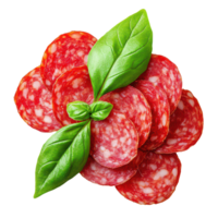 Fresco albahaca hojas descansando en un apilar de rebanado salami en contra un limpiar transparente fondo, rojo rebanado cebolla aislado en transparente antecedentes png