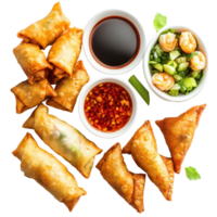 Delicious Asian appetizers featuring spring rolls, samosas, and shrimp salad for a vibrant, Asian Appetizers with Spring Rolls, Samosas, and Shrimp Fritters on transparent background png