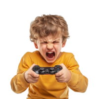 Frustrated child in a yellow shirt intensely playing games with a controller, expressing anger, Angry Kid Holding Controller Playing Game on transparent background png