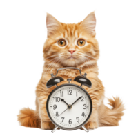 Adorable red cat sitting next to a classic alarm clock on a transparent background, Adorable red cat with clock isolated on transparent background png