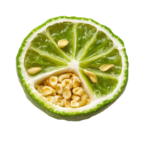 Close up view of a halved bergamot with seeds showcasing its vibrant green interior against a transparent background, A half of bergamot or Thai lime with seeds isolated on transparent background png