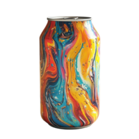 A vibrant beverage can with a swirling pattern in bright colors placed on a light surface, Beverage Can png