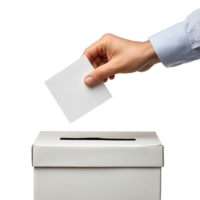 A hand places a ballot into a ballot box during an election at a polling station, A hand throwing a ballot into a ballot box isolated on transparent background png