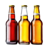 Three beer bottles in various colors arranged side by side on a transparent background for a clean presentation, Beer bottles isolated on transparent background png