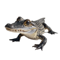 Close up of a small alligator resting on a surface in natural light, a close up a small alligator on a surface. transparent background png