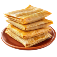 A delicious stack of tamales served on a traditional Mexican plate ready for enjoyment, a stack of tamale on traditional mexican plate isolated on transparent background png