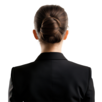 Businesswoman in a black suit with a neat bun, standing confidently against a plain transparent background, Back View Business Woman with Bun on transparent background png