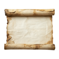 Worn and aged paper scroll with frayed edges on a plain transparent background suitable for historical or artistic purposes, Aged Worn Paper Scroll, transparent background. png