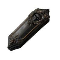 Elegant black magic coffin design showcasing intricate details with skull motif in a minimalist style, black magic coffin, file of isolated object with shadow on transparent background png