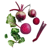 Fresh beetroot and greens displayed on a transparent background showcasing vibrant colors and organic textures, beetroot vegetables and half on transparent background png