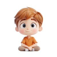 Happy cartoon child sitting cross legged on a transparent background with a cheerful expression and styled hair, 3d cartoon of little childisolated transparent background png