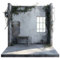 An abandoned room with a rustic table and chairs, merged with nature through vines and overgrowth, A showcase written, transparent background. png