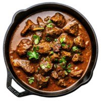 Delicious beef curry served in a cast iron pot with fresh herbs against a transparent background, Beef Curry in a Cast Iron Pot, transparent background. png
