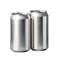 Two aluminium drink cans on a transparent background for product showcasing or advertising purposes, 2 aluminium drink cans on isolated transparent background, useful for mockup template png