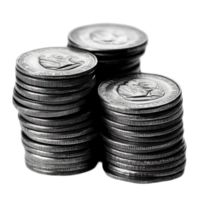 Stacks of metal coins arranged neatly against a transparent background showcasing various details and textures, Big stacks metal Coins money, transparent background. png