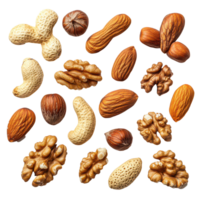 Assorted mixed nuts in various shapes and sizes displayed on a clean transparent background for healthy snacking, Assorted mixed nuts on transparent background png