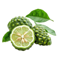 Freshly sliced bergamot with seeds and whole fruit, showcasing its vibrant green color and texture, bergamot slice or Thai lime with seeds isolated on transparent background png
