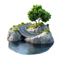 A floating road meanders through a rocky island surrounded by serene waters under a clear sky, 3D realistic a Floating Road on Rocky Island, isolated on transparent background Background png