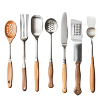 Assorted kitchen utensils featuring wooden handles arranged against a transparent background for culinary enthusiasts, Assorted kitchen utensils isolated on transparent background png