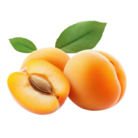 Fresh apricots and a halved fruit against a plain transparent background for healthy snack ideas, apricotisolated on transparent background png