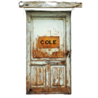 Abandoned wooden door with rusty sign reading Close against a weathered wall in a deserted area, Abandoned Door with the Word Close in Rust, transparent background. png