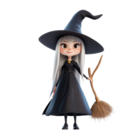 Cartoon witch character with a broom standing on a transparent background, 3D Cartoon Witch Characters on transparent background png