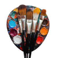 Artistic palette with various paint colors and paintbrushes resting on a surface, Artistic Palette with Paintbrushes and Paints, transparent background. png