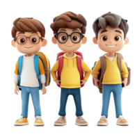 Cute group of cartoon boys in casual outfits with backpacks ready for school in a cheerful setting, 3D Cartoon Character Group Cute Student Boys, Isolated transparent background png
