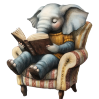 A relaxed elephant enjoying a book while sitting comfortably in a cozy armchair at home in the afternoon, A laid back elephant reading a book in a cozy armchair on transparent background png